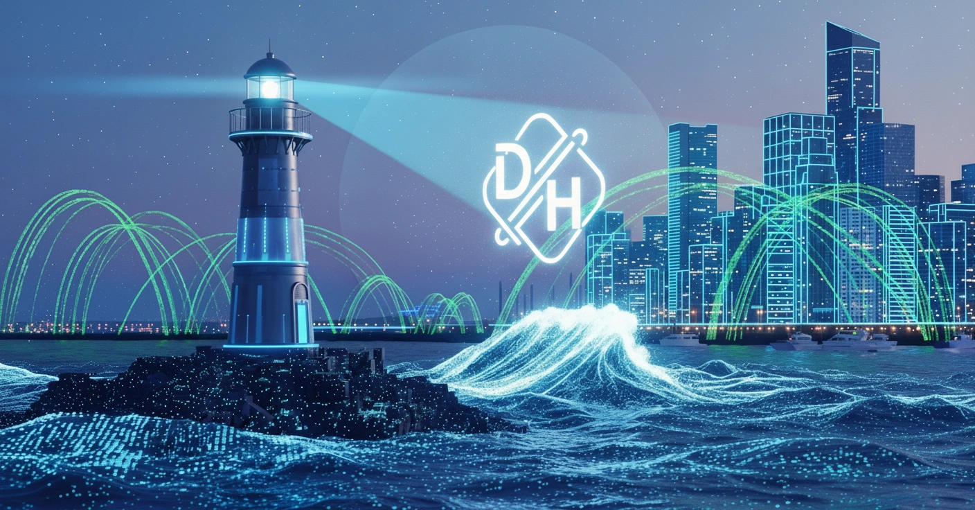 A lighthouse beam cutting through a night skyline over glowing blue digital waves — the Domains Harbor signature visual